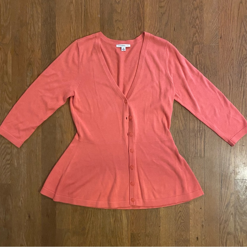 Isaac Mizrahi Peplum 3/4 Sleeve Cardigan, Salmon Pink, Size XS